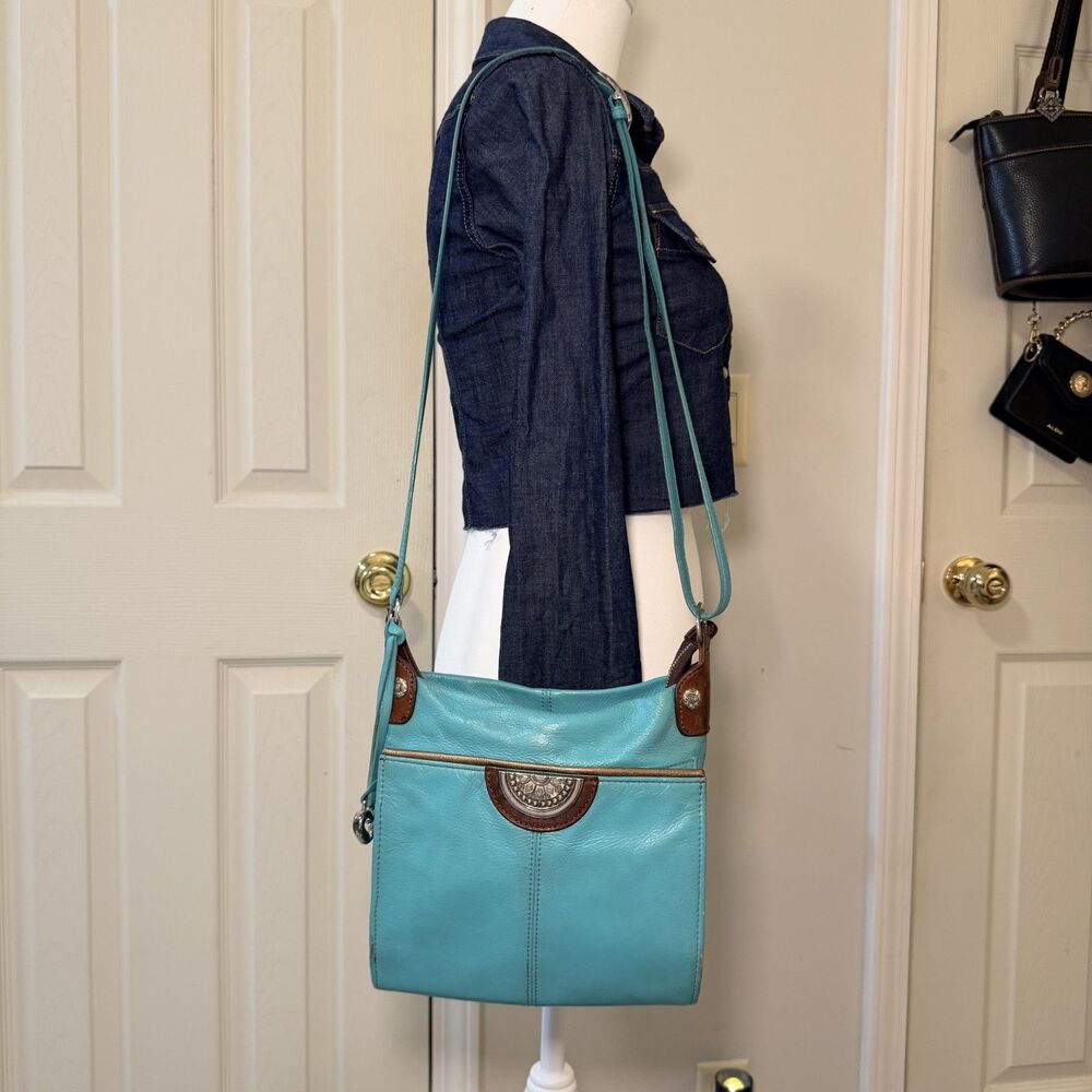 Brighton Turquoise Leather Crossbody Bag Brown Trim Heart Charm
